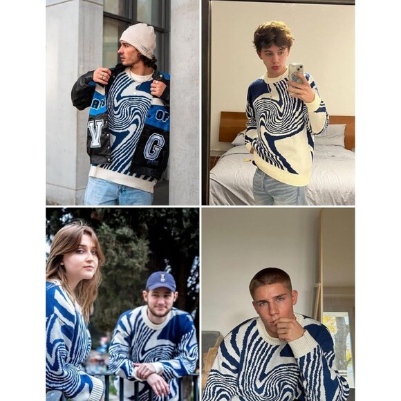 Mens Oversized Knit Sweater Graphic Crewneck Pullover Casual Streetwear - Picture 2 of 7